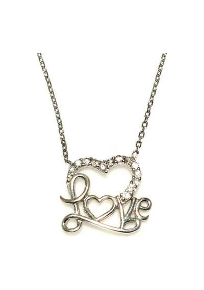 Nusret 925 Ayar Gümüş Love Yazılı Kalp Kolye Beyaz - Beyaz Taş
