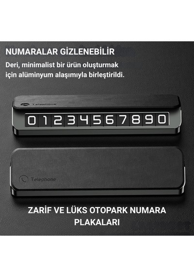 Coofbe Deri Kapaklı Gizlenebilir Alüminyum Araç Park Telefon Numaratörü Geçici Park Numaratör Plakalık