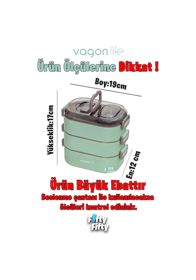Vagonlife 1450 Ml 3 Kat Çelik 2 Kat Kullanılabilir Bento Lunch Box fflbox7083