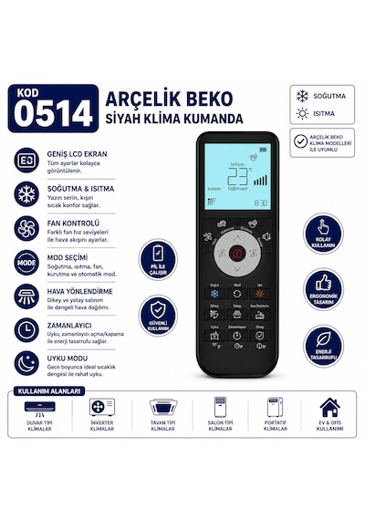 Arçelik Beko 0514 Siyah Klima Kumandası Lcd Ekranlı Isıtma Soğutma Fan Mod Zamanlayıcı Yedek Kumanda