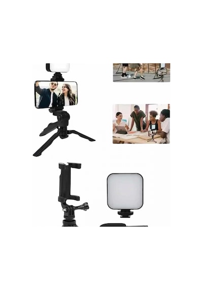 Mini Tripodlu Telefon Tutucu Vlog Çekim Kiti Mikrofonlu Ve Led Işıklı