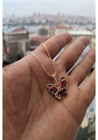 Ervanur Altın Kaplama Fuşya Zirkon Taşlı Kelebek Kolye Altın