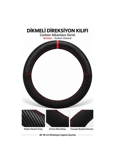 Trobus Tesla Model S 2016-2025 Uyumlu Dikmeli Direksiyon Kılıfı Carbon Alkantara Kırmızı