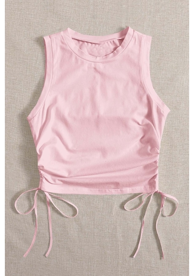 Merry See Yanları Büzgülü Kolsuz Bluz Crop Top Atlet Pembe