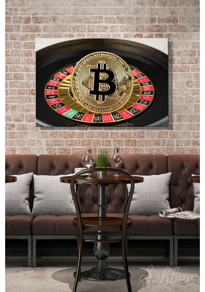 Kanvas Tablo Yatay Tekli Ev Kafe Ofis Rulet Çarkında Duran Altın Bitcoin Jetonu 2837