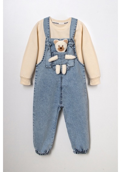 Unisex Çocuk Askısı Bağlamalı Teddy Oyuncaklı 2'li Kot Salopet 001
