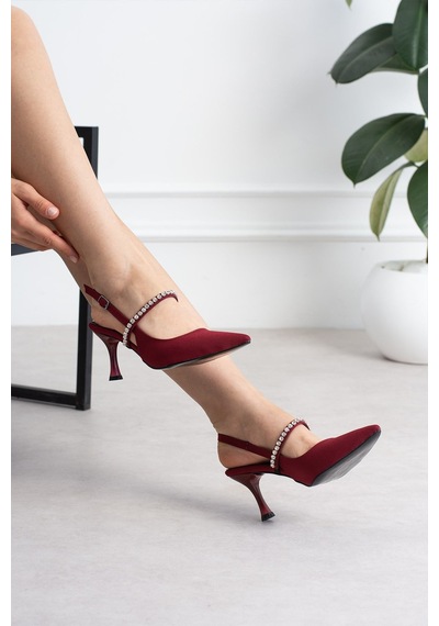 Shoetek Lorwen Kadın Topuklu Önden Bantlı Taşlı İnce Topuklu Stiletto Bordo Saten