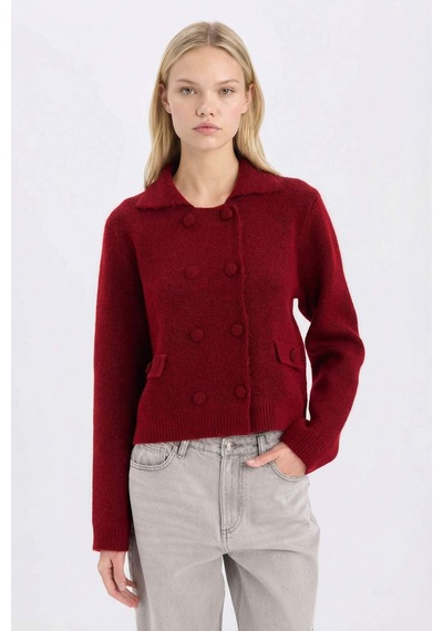 DeFacto Regular Fit Polo Yaka Basic Düz Düğmeli Triko Hırka E2289AX24WNBR93 Bordo