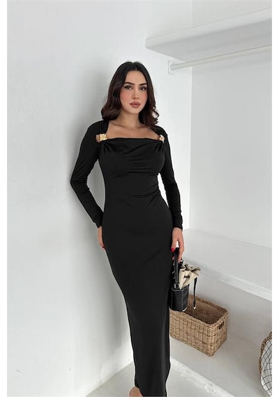 Neşeli Butik Kadın Drapeli Kayık Yaka Gold Aksesuarlı Elbise Nbk4386 Siyah