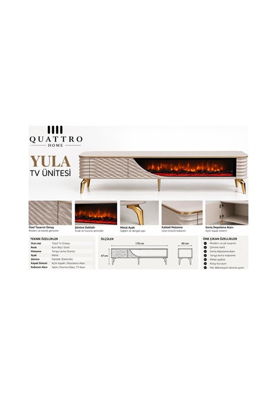 Yula Elektrikli Şömineli Tv Ünitesi 170 Cm Kum Beji Gold Metal Ayaklı Modern Tv Sehpası Krem Yula Elektrikli Şömineli Tv Ünitesi 170 Cm Kum Beji Gold Metal Ayaklı Modern Tv Sehpası Krem