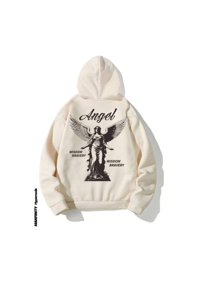 Altamira Unisex Bej Sırt Angel Baskı Kapüşonlu Sweatshirt 001