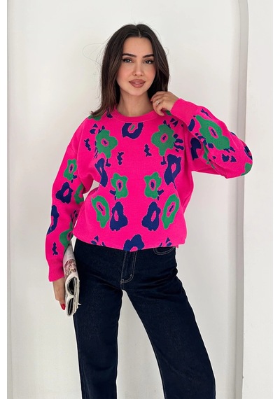 Bisiklet Yaka Uzun Kollu Çiçek Desenli Oversize Triko Kazak Pembe Pembe