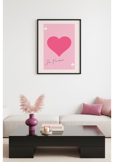 Doğal Ahşap Çerçeveli Kalp Desenli Tablo - Romantik Pembe Tonlar Huhu2670