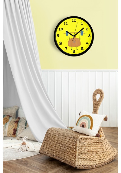 Sevimli Halterci Kabak Çocuk Odası Duvar Saati - 25cm - Önü Camlı Siyah Kasa - Sessiz Mekanizma-jh1034 Siyah