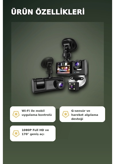 1080p Full Hd 3 Kameralı Wi-fi Araç İçi Kayıt Cihazı Ve Park Modlu Güvenlik Kamerası Seti