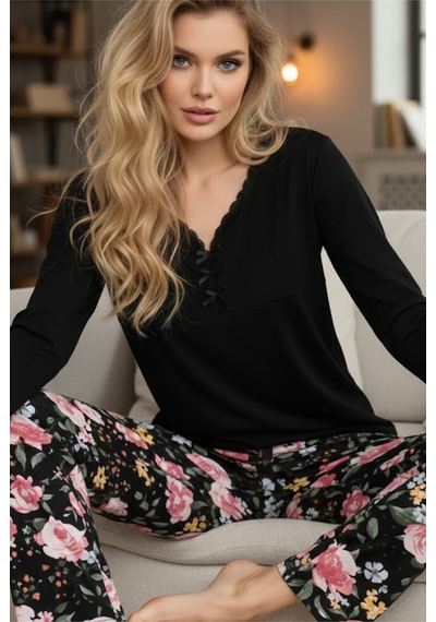 Siyah İnci Desenli Örme Pamuklu Pijama Takım25240251 Siyah