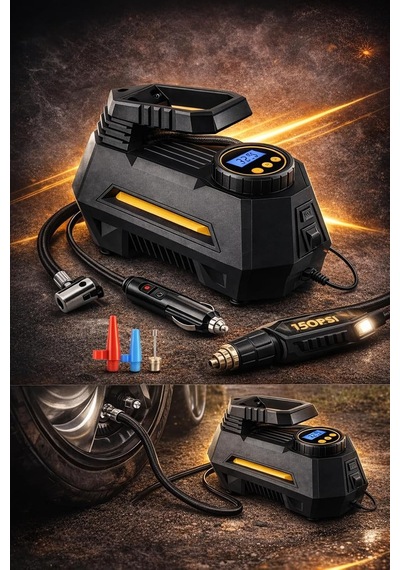 100w 150 Psı Kablolu Hava Kompresörü Dijital Ekranlı Hızlı Lastik Şişirme Pompası 12v