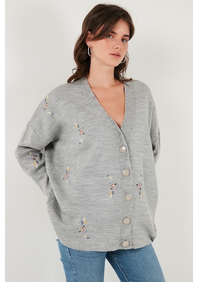 Lela Çiçek Işlemeli Oversize Fit V Yaka Düğmeli Bayan Hırka 4616191 Açık Gri