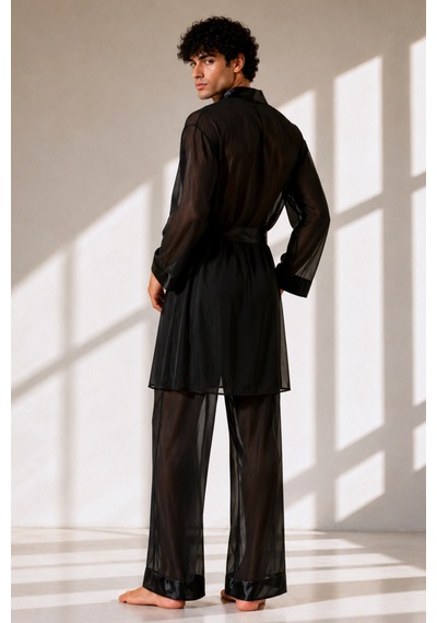Qmen Style Erkek Şifon Kimono- Pijama - Şort Seti Siyah