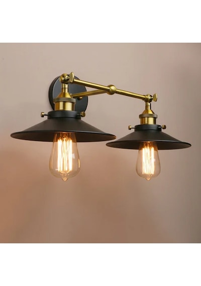 Riolight Vintage,retro,rustik Mafsallı Matt Altın Kaplama 2xe27 Siyah Metal Aplik Şapka Çap:23cm Siyah