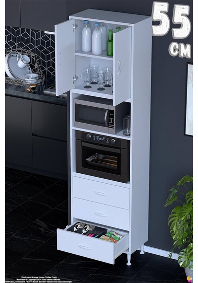 Defne 55 Cm Fırın Uyumlu 3 Çekmeceli Çok Amaçlı Mutfak Kiler Banyo Organizer Çocuk Odası Dolabı Beyaz