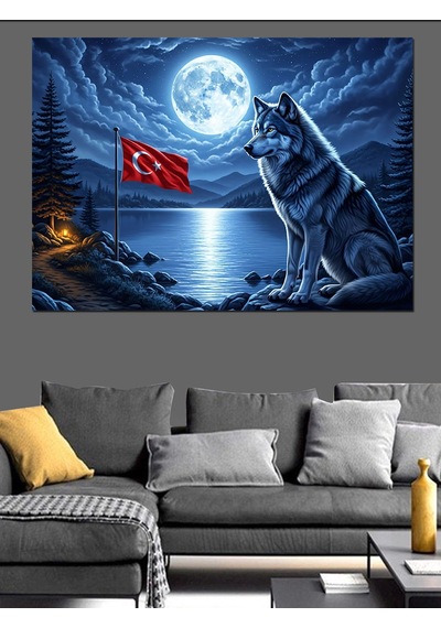 Ahşap Tablo Dolunay Altında Uluyan Kurt Silüeti Dekoratif Tablolar