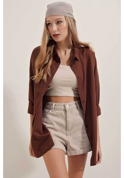 Bigdart Oversize Uzun Basic Kahverengi Kadın Gömlek 3900 Kahverengi