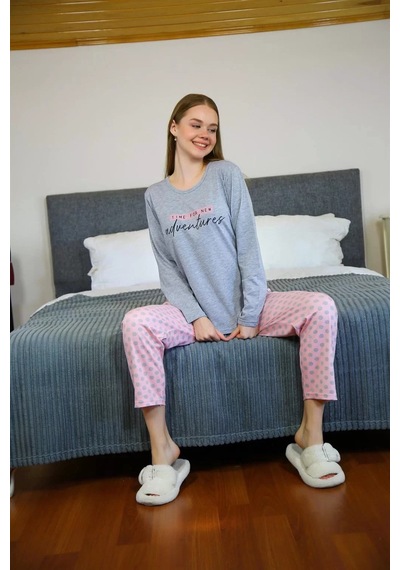 Kadın Penye Uzun Kol Pijama Takım Gri