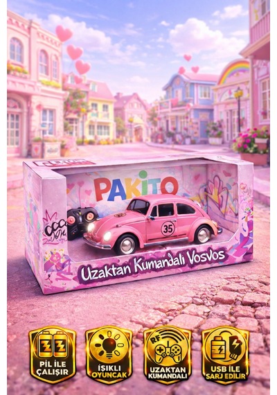 Pembe Uzaktan Kumandalı Şarjlı Işıklı Full Fonksiyon Nostalji Vosvos Araba Pembe Pembe