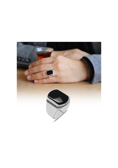 Flat Tasarım Siyah Oniks Taşlı 925 Ayar Gümüş Erkek Yüzük (457819373)