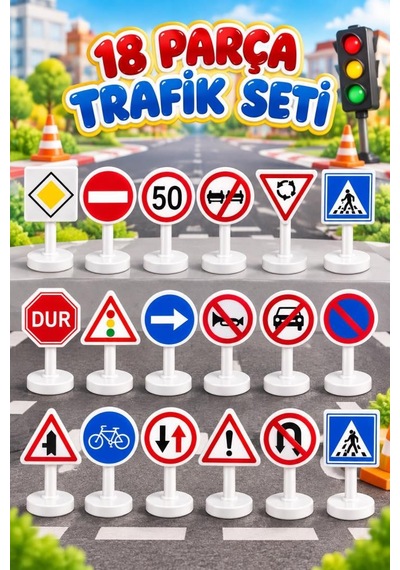 18 Parça Çocuklar İçin Eğitici Trafik İşaretleri Levhaları Seti 12.5 Cm Trafik Eğitim Ve Oyun Seti