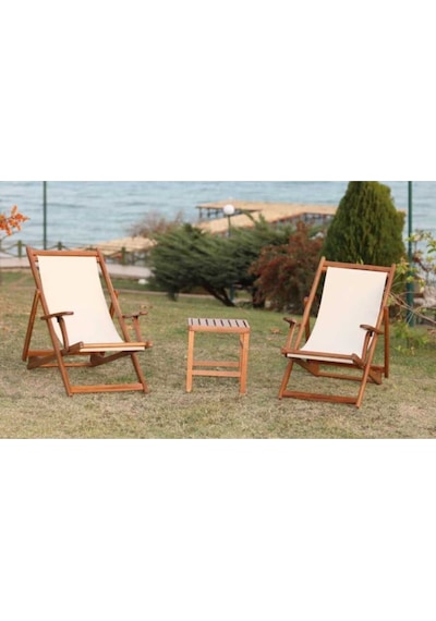 Motoryagmarket Belek Kademeli Ahşap Set: 2 Adet Şezlong + Sehpa