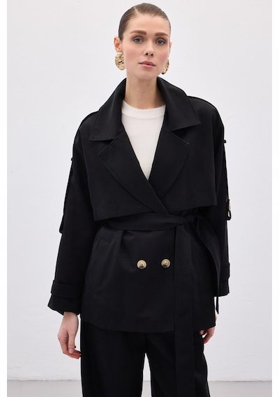 Sateen Kısa Trençkot - Siyah-136635 Siyah