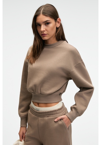 Grimelange KARALIS Kadın Pamuklu Bisiklet Yaka Crop Vizon Sweatshirt
