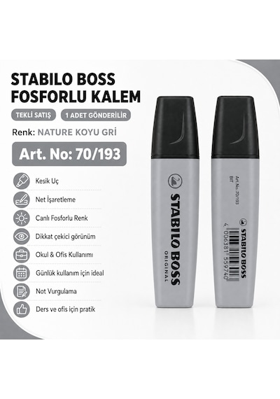 Boss Fosforlu Kalem 1 Adet Metin İşaretleme Kalemi Koyu Gri
