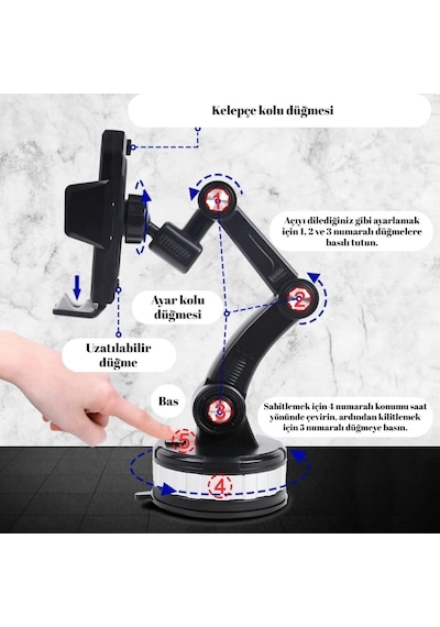 Telefon Tutacağı Teleskobik 360 Döner Başlık Terminatör Kol Güçlü Vantuzlu Araç İçi Tel Tutucu Üniversal Glz03517217 Siyah