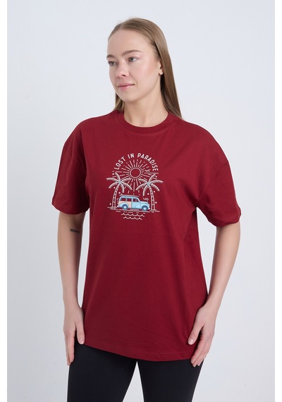 Velvoria Unisex Oversize Bordo Lost İn Paradise T-shirt
