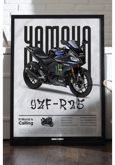 Yamaha Yzf-r25 Monster Siyah Ahşap Çerçeveli Poster, Dekoratif Motosiklet Duvar Tablosu