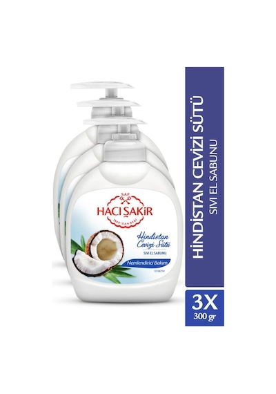 Hacı Şakir Hindistan Cevizi Sütü Nemlendirici Bakım Sıvı El Sabunu 3 x 300 ML