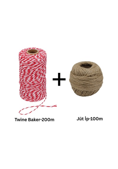 Kırmızı Beyaz Twine Baker 200 M Ve Jüt İp 100 M Seti Hediye Paketleme, Ambalaj Ve Süsleme İpleri