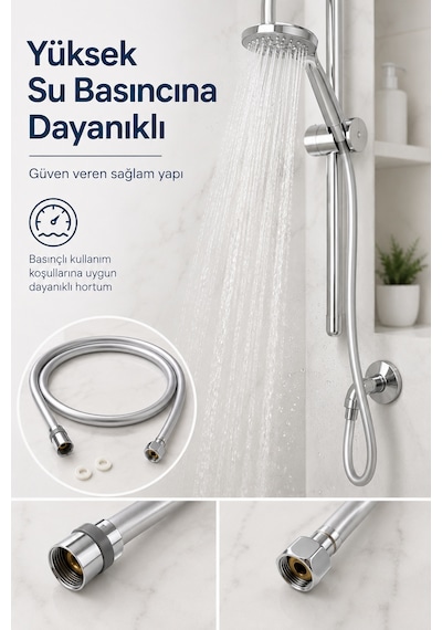 Gümüş Pvc Duş Hortumu 150 Cm Dolanmaz 360 Döner Başlıklı Yüksek Basınçlı İnox Banyo Spirali