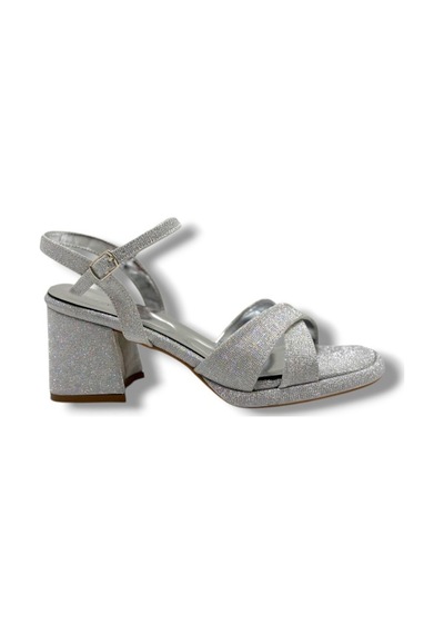 Erbay 405-26 Simli Çupra Kumaş Çapraz Bant Kalın Topuk Kadın Sandalet 7cm Gümüş