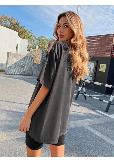 Flood Of Style Kadın Füme Oversize Michigan Baskılı T-shirt Gri