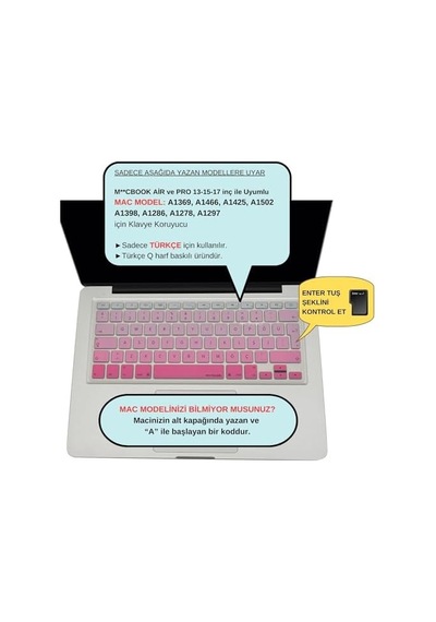 Macbook Silikon Klavye Kaplama Koruyucu Kılıf Macbook Air Pro Eski Usb Li Model 2008/2017 Uyumlu Türkçe Q Renkli Baskı Silikon Pembe