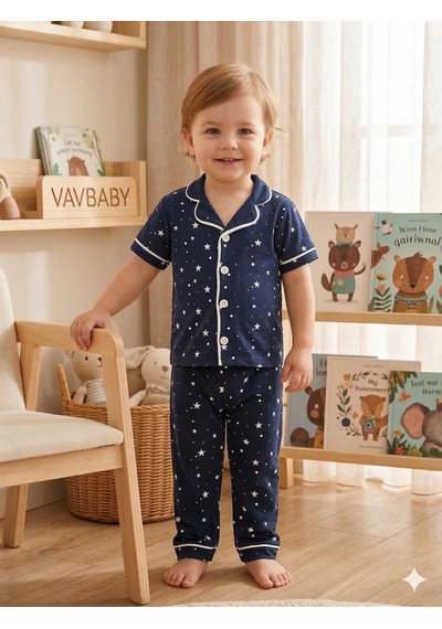 Kız Ve Erkek Çocuk Pamuklu Kruvaze Yaka Önden Düğmeli Yıldız Desenli Mevsimlik Alt Üst Pijama Takım Lacivert Kız Ve Erkek Çocuk Pamuklu Kruvaze Yaka Önden Düğmeli Yıldız Desenli Mevsimlik Alt Üst Pijama Takım Lacivert