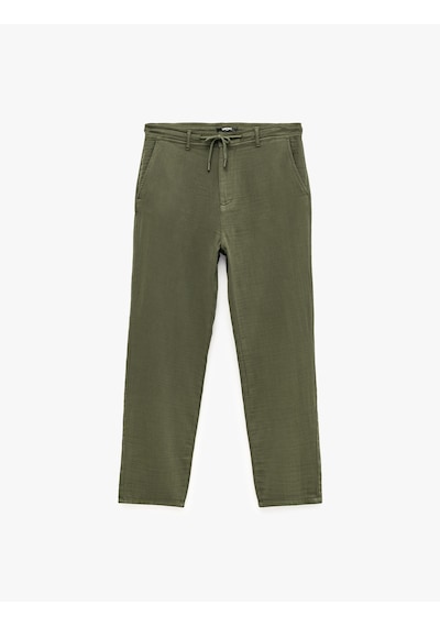 Koton Beli Bağcıklı Düğmeli Cepli Regular Fit Pamuklu Chino Müslin Pantolon Haki 7wam40045hw