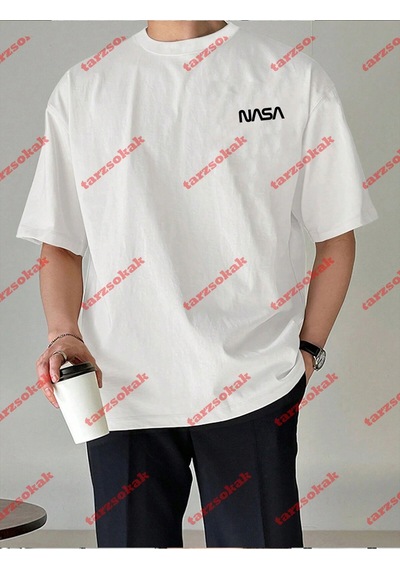 Tarzsokak Unisex Nasaa Baskılı Tshirt Beyaz Beyaz
