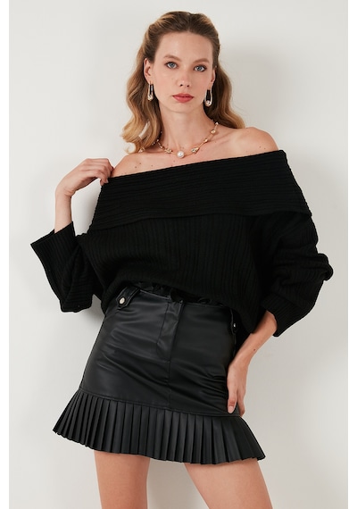 Lela Oversize Fit Madonna Yaka Triko Bayan Kazak 4615216 Siyah