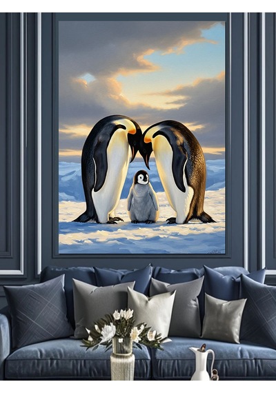 Ahşap Tablo Kutuplarda Penguen Ailesi Sevgisi İstanbul Tabloları