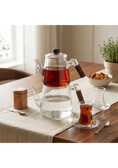 1000 Ml + 750 Ml Akasya Ahşap Kulplu Cam Çaydanlık Takımı - Isıya Dayanıklı Borosilikat Pürüzsüz Şeffaf Tasarım, Yaylı Süzgeçli Lüks Çaydanlık Çok Renkli